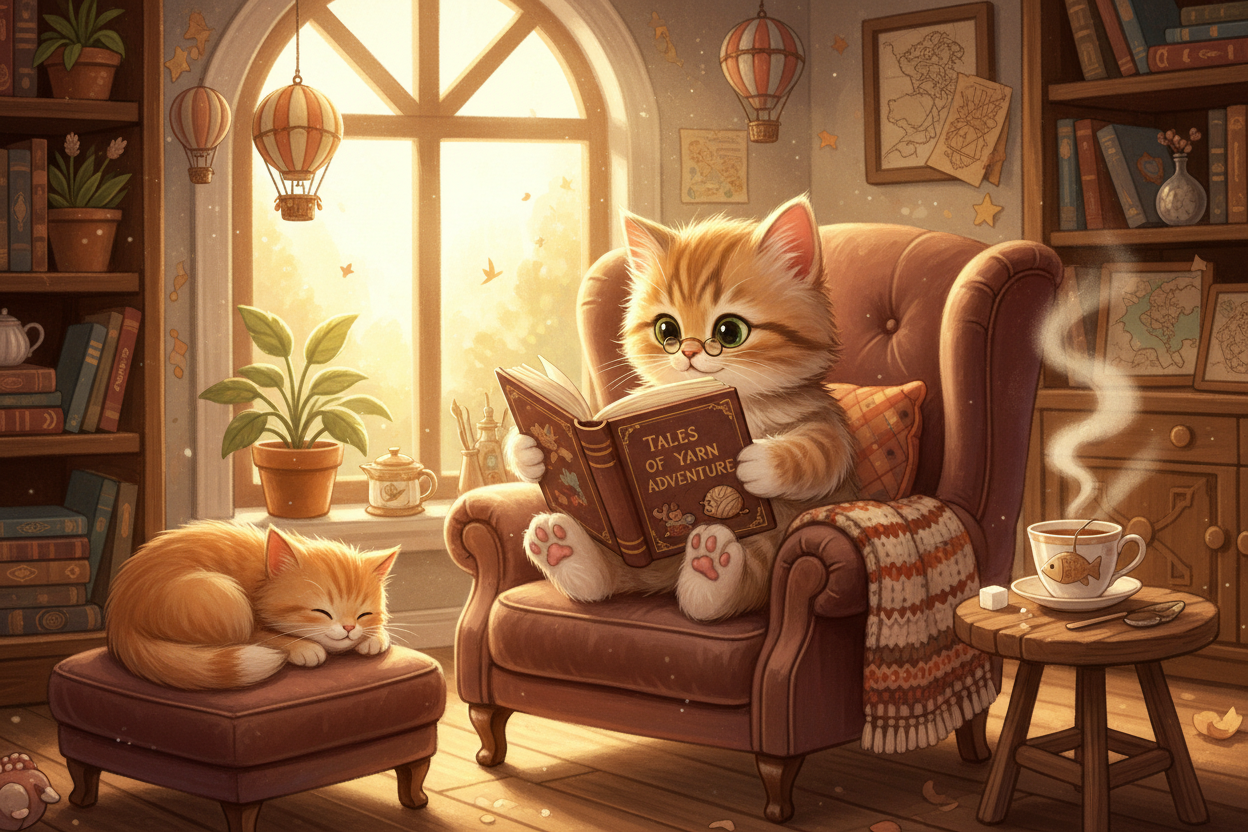 生成一只可爱的小猫看书的图片